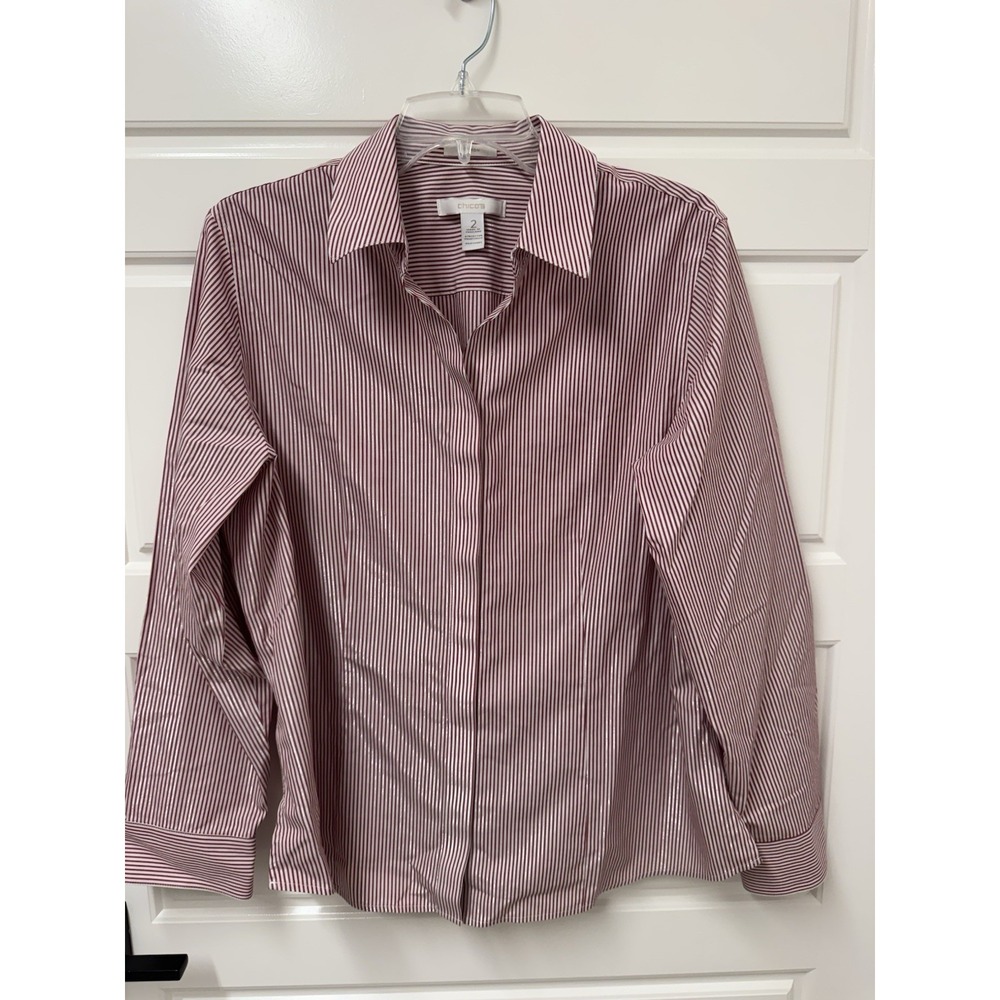 Chicos Size 2 No Iron Striped Blouse Red White Silver Metallic Button Front Top